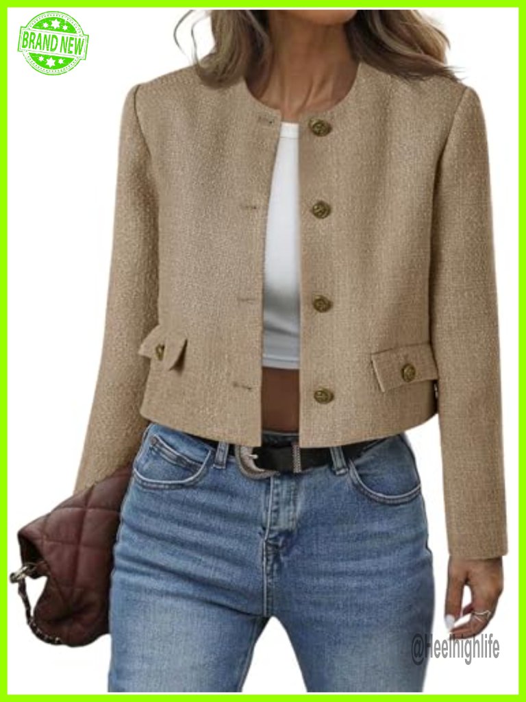 Cropped Tweed Blazer Collarless Button Down Bomber Jacket Business Casual